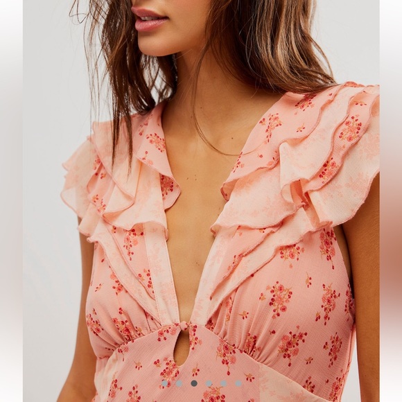 Free People Joaquin Floral Asymmetrical Hem Midi Dress in Peach Combo - Picture 14 of 14